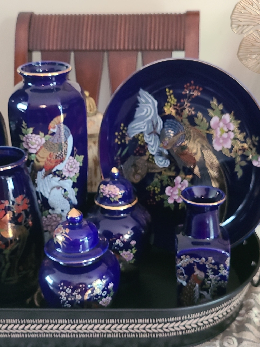 Angel Cobalt Blue Floral Porcelain Vase and Jar Set